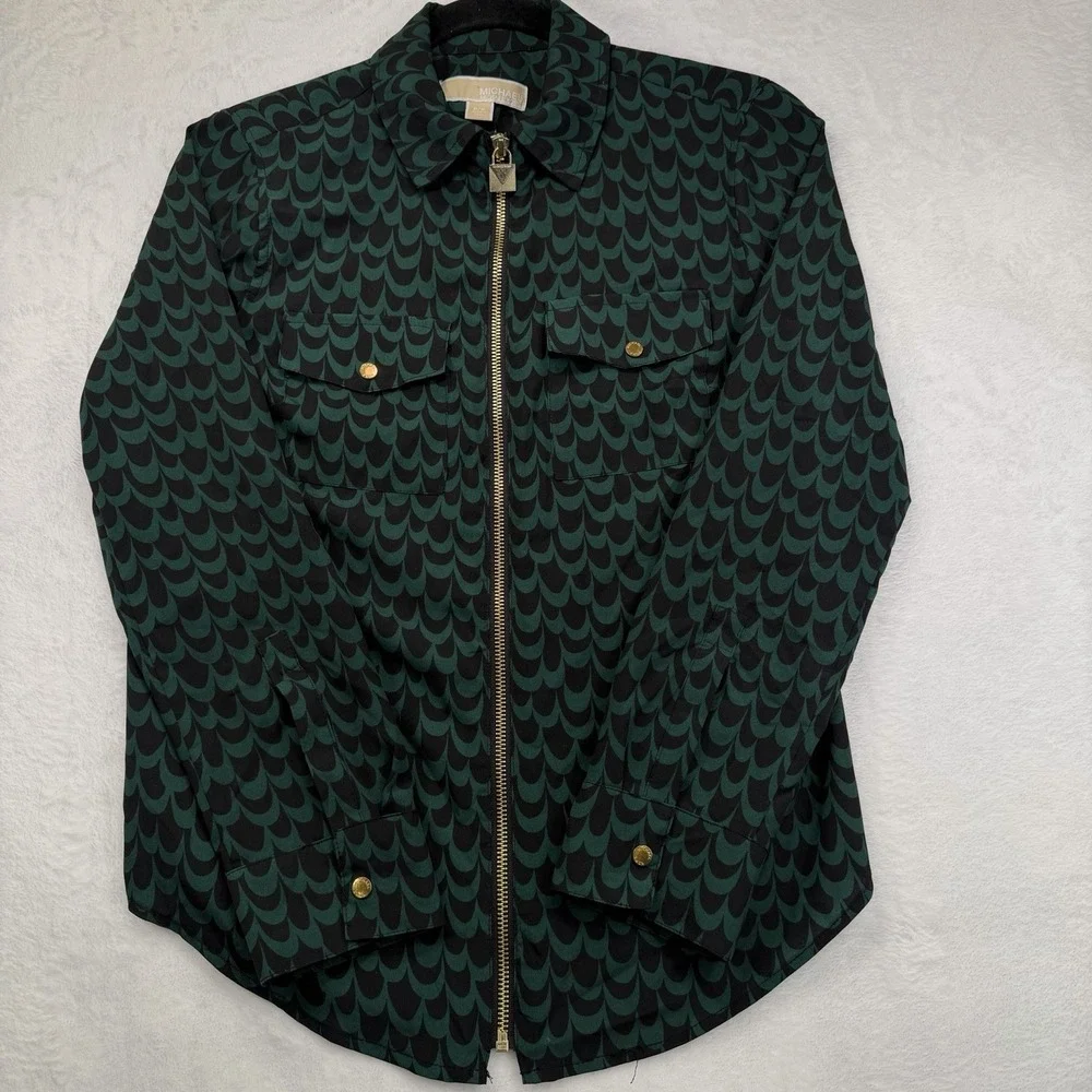 Michael Kors Green Leopard Print zip front blouse top gold locket zip Small
